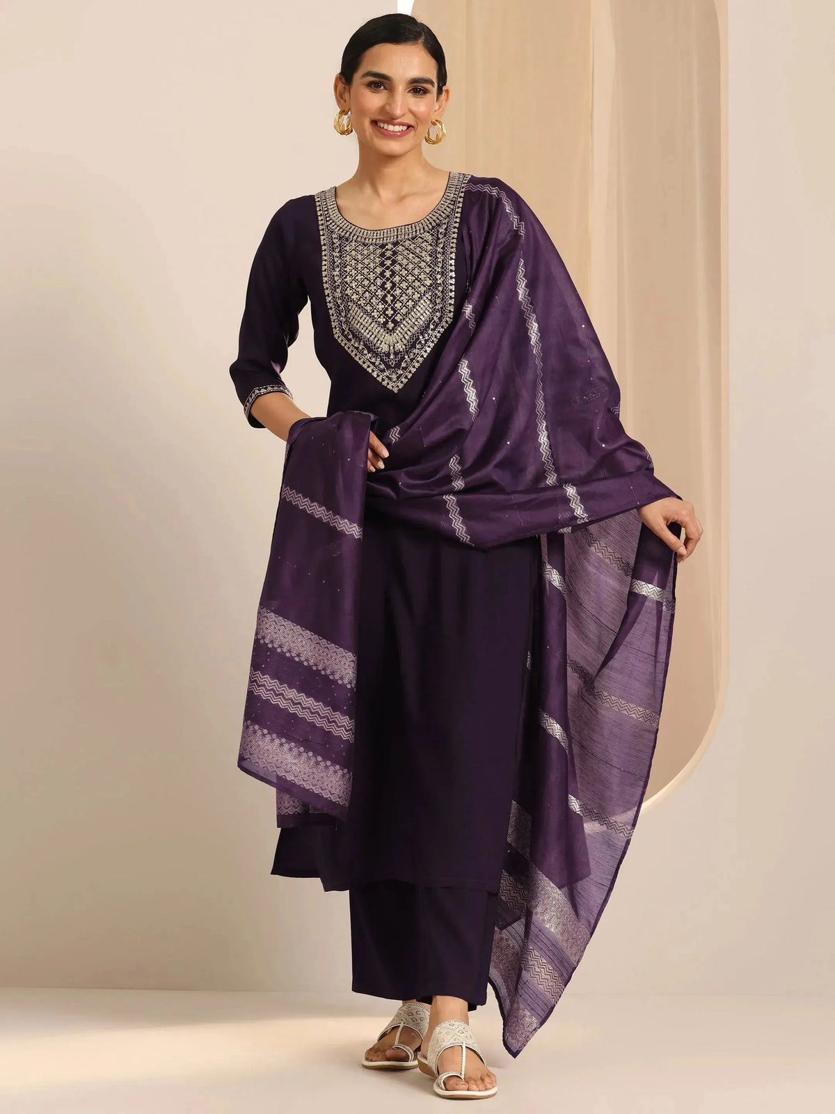 Anouk Burgundy Yoke Design Silk Blend Straight Suit Set With Dupatta