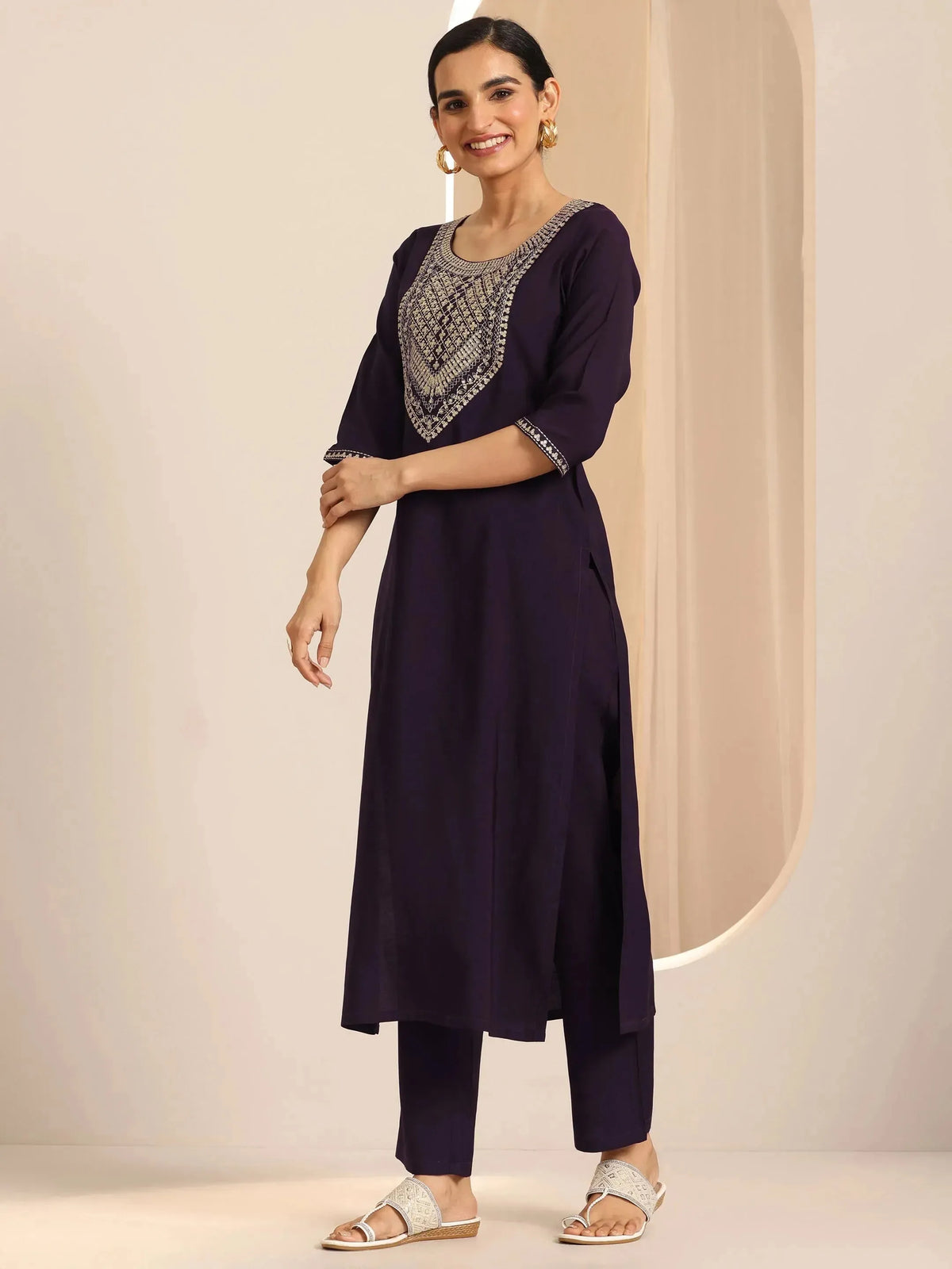 Anouk Burgundy Yoke Design Silk Blend Straight Suit Set With Dupatta
