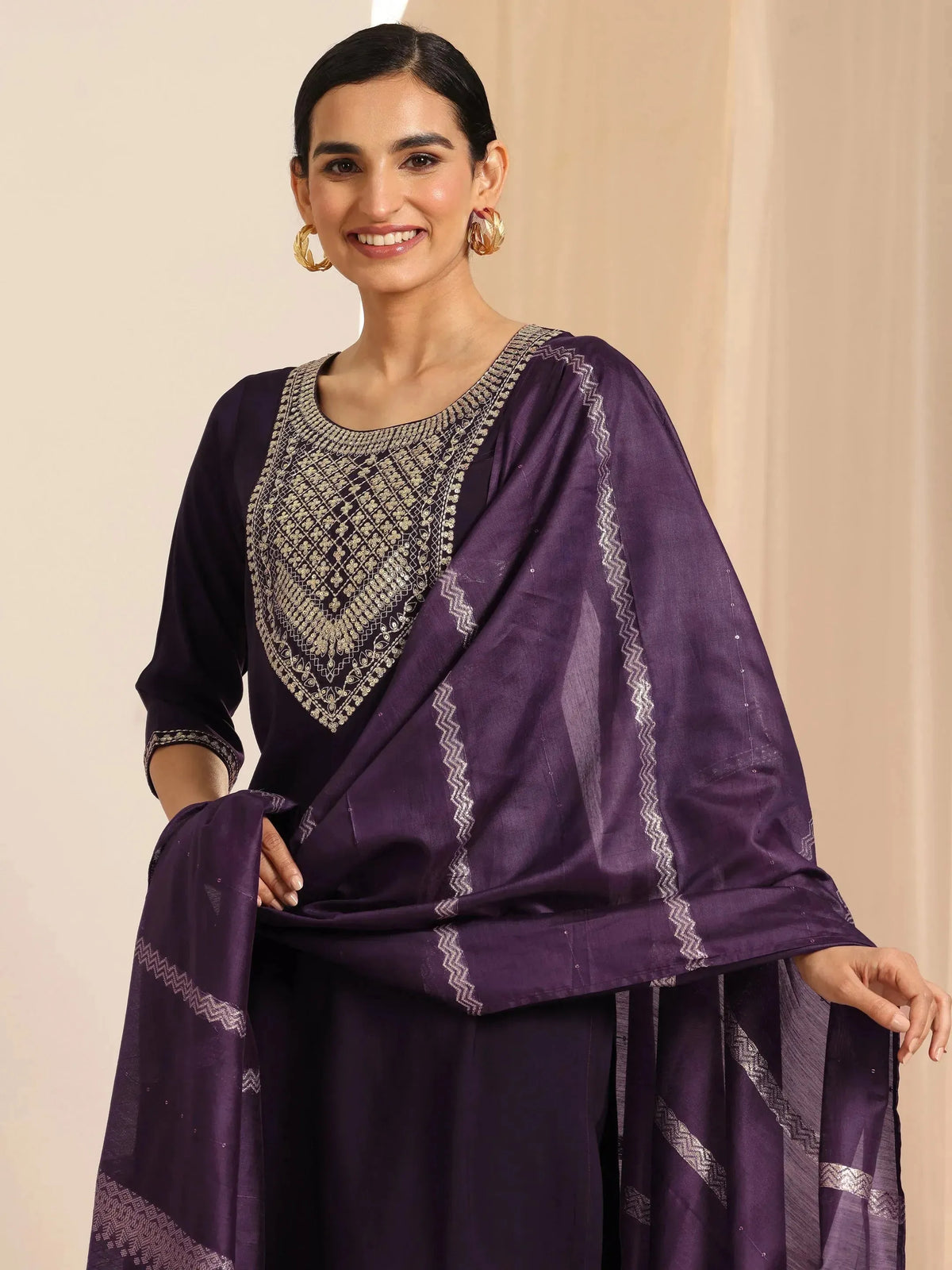 Anouk Burgundy Yoke Design Silk Blend Straight Suit Set With Dupatta