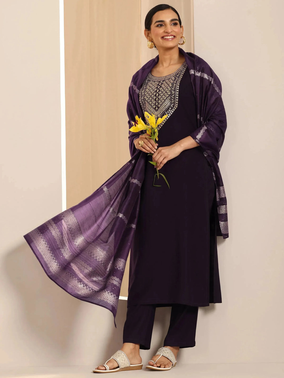 Anouk Burgundy Yoke Design Silk Blend Straight Suit Set With Dupatta