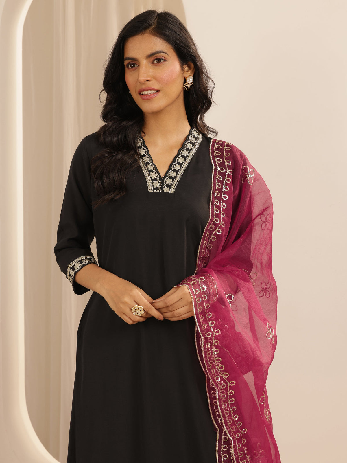 Anouk Black Solid Silk blend Straight Suit Set With Dupatta