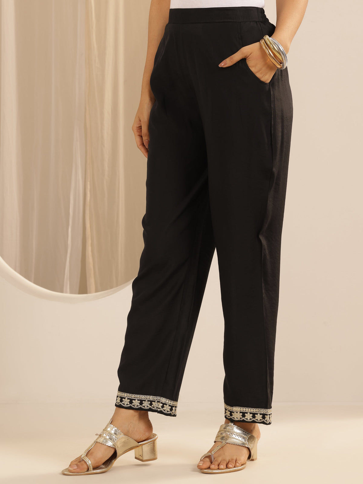 Anouk Black Solid Silk blend Straight Suit Set With Dupatta