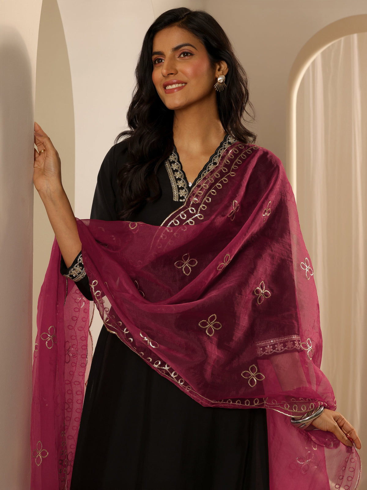 Anouk Black Solid Silk blend Straight Suit Set With Dupatta