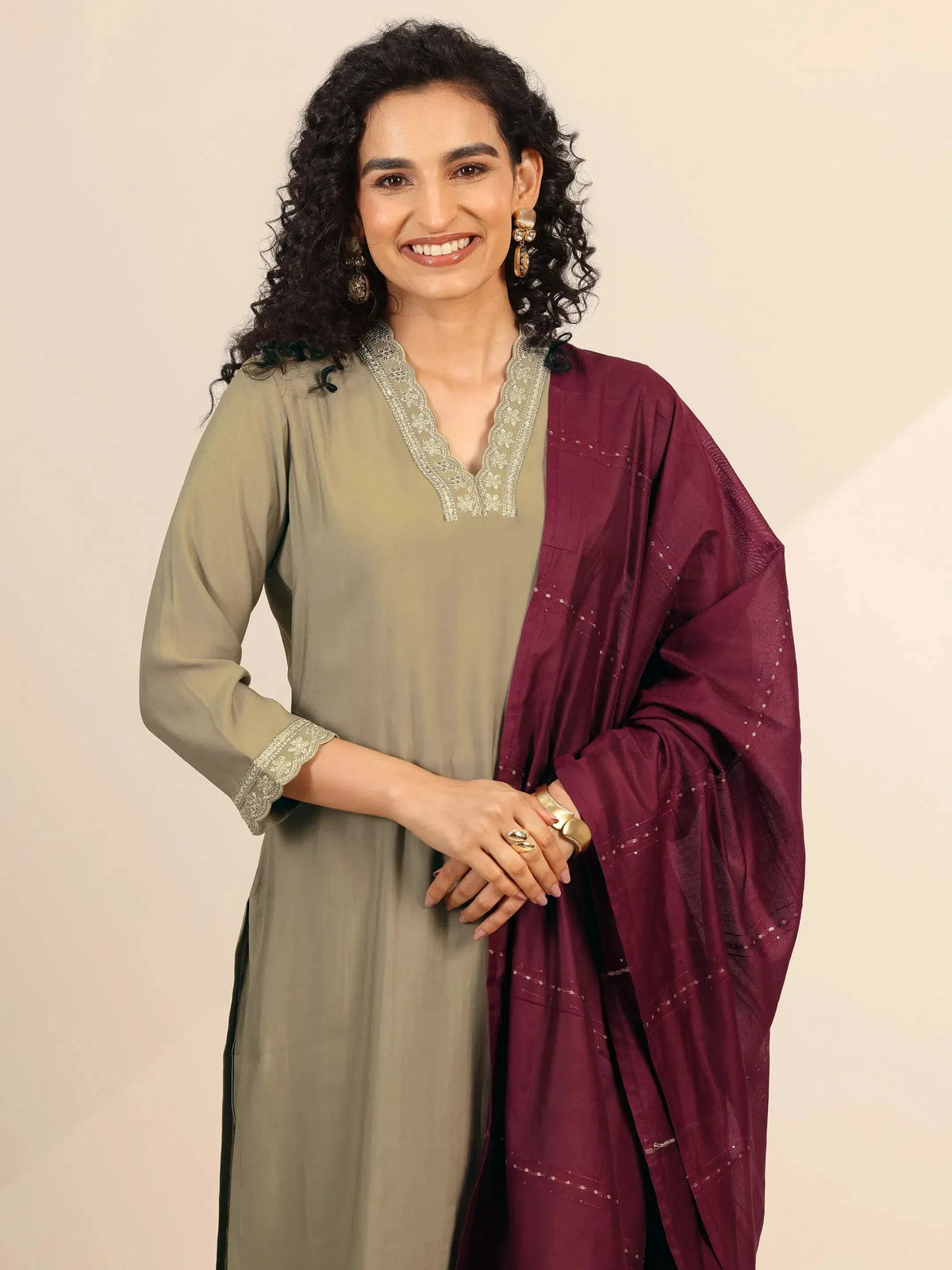 Anouk Golden Solid Silk Blend Straight Suit Set With Dupatta