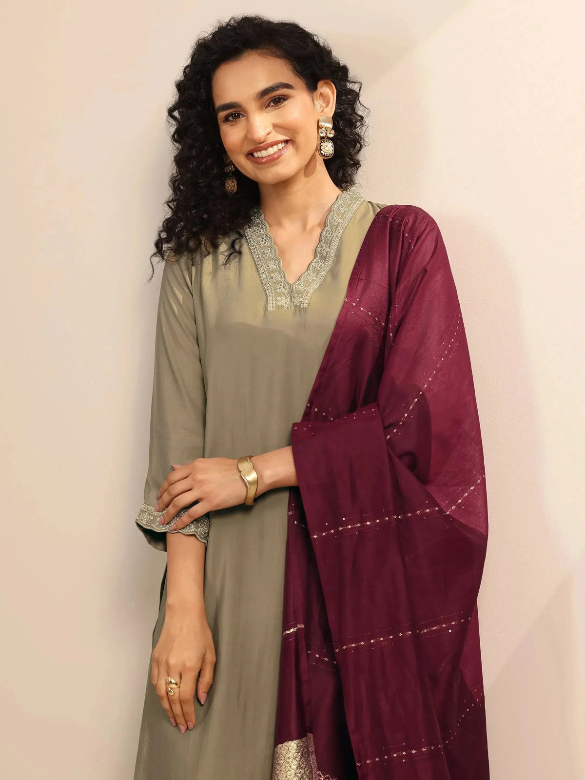 Anouk Golden Solid Silk Blend Straight Suit Set With Dupatta