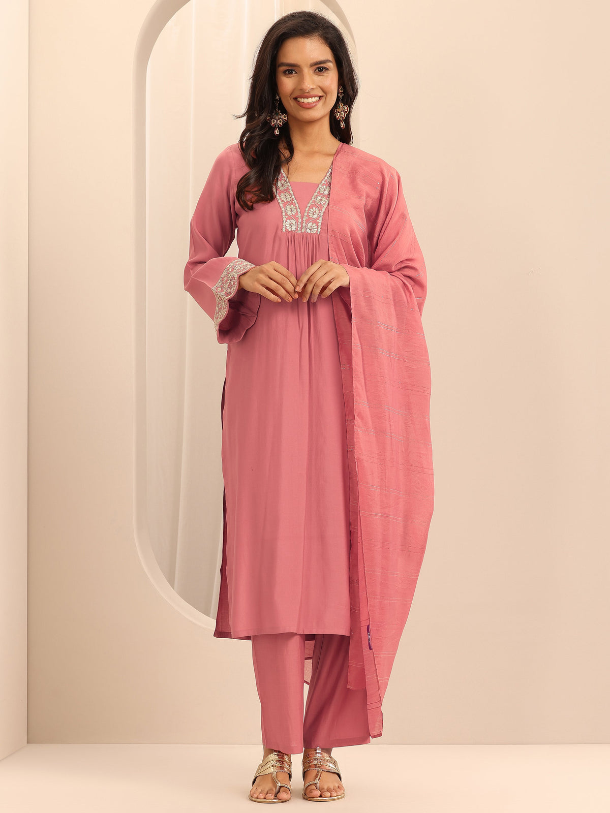 Anouk Peach Yoke Design Silk Blend Straight Suit Set With Dupatta