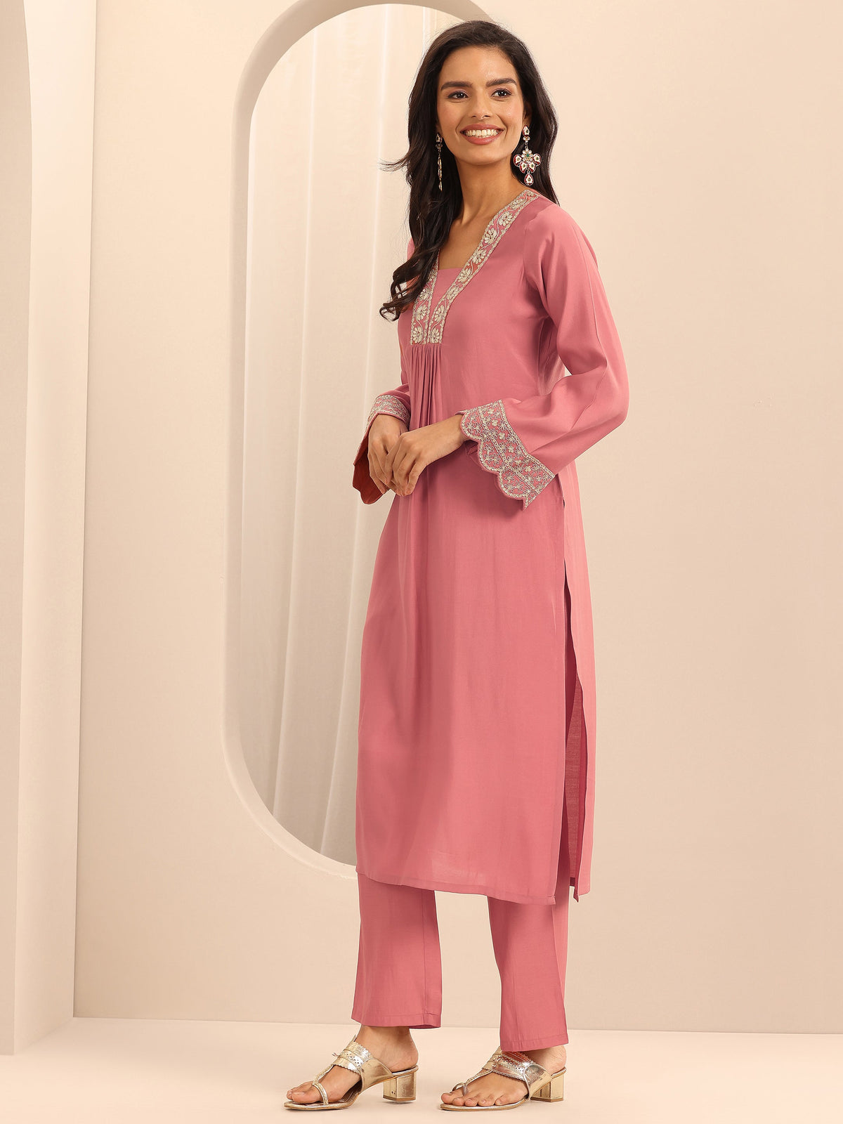 Anouk Peach Yoke Design Silk Blend Straight Suit Set With Dupatta