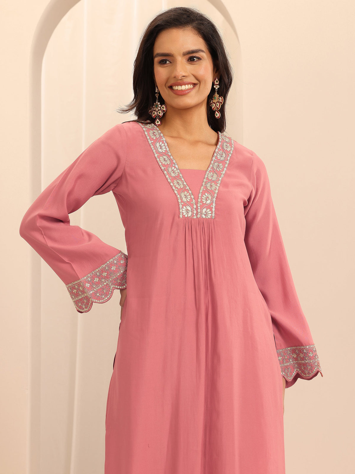 Anouk Peach Yoke Design Silk Blend Straight Suit Set With Dupatta