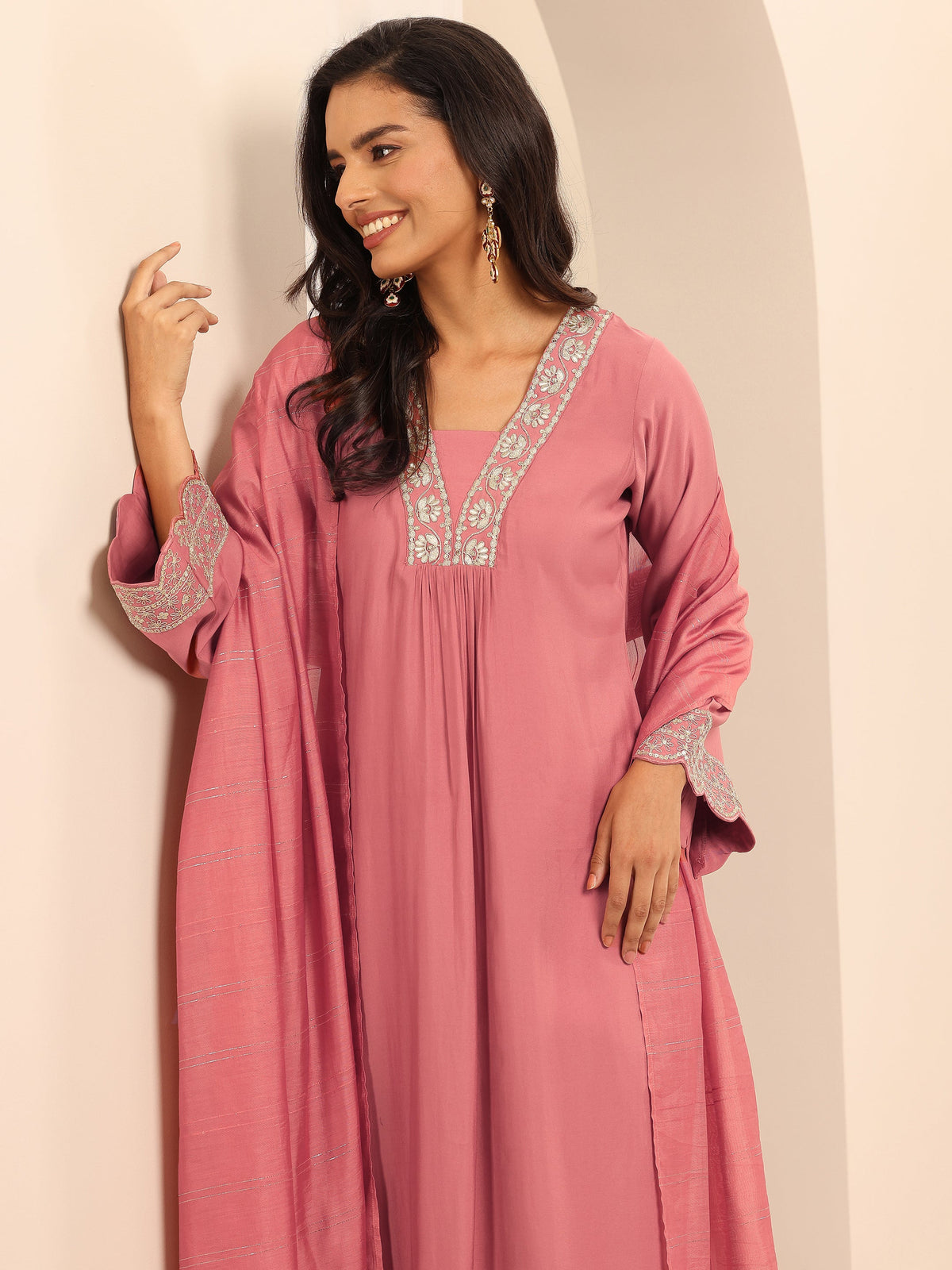 Anouk Peach Yoke Design Silk Blend Straight Suit Set With Dupatta