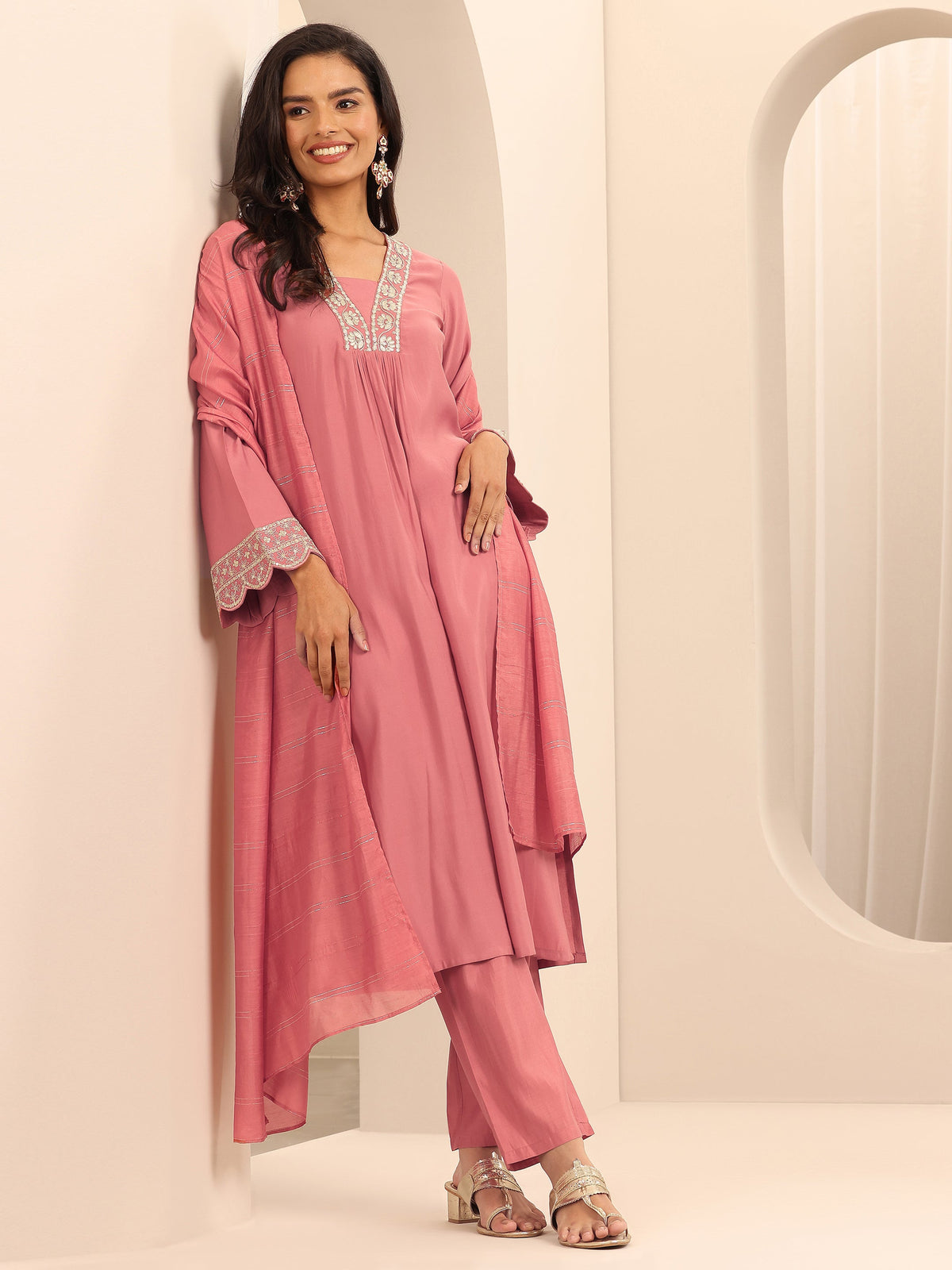 Anouk Peach Yoke Design Silk Blend Straight Suit Set With Dupatta