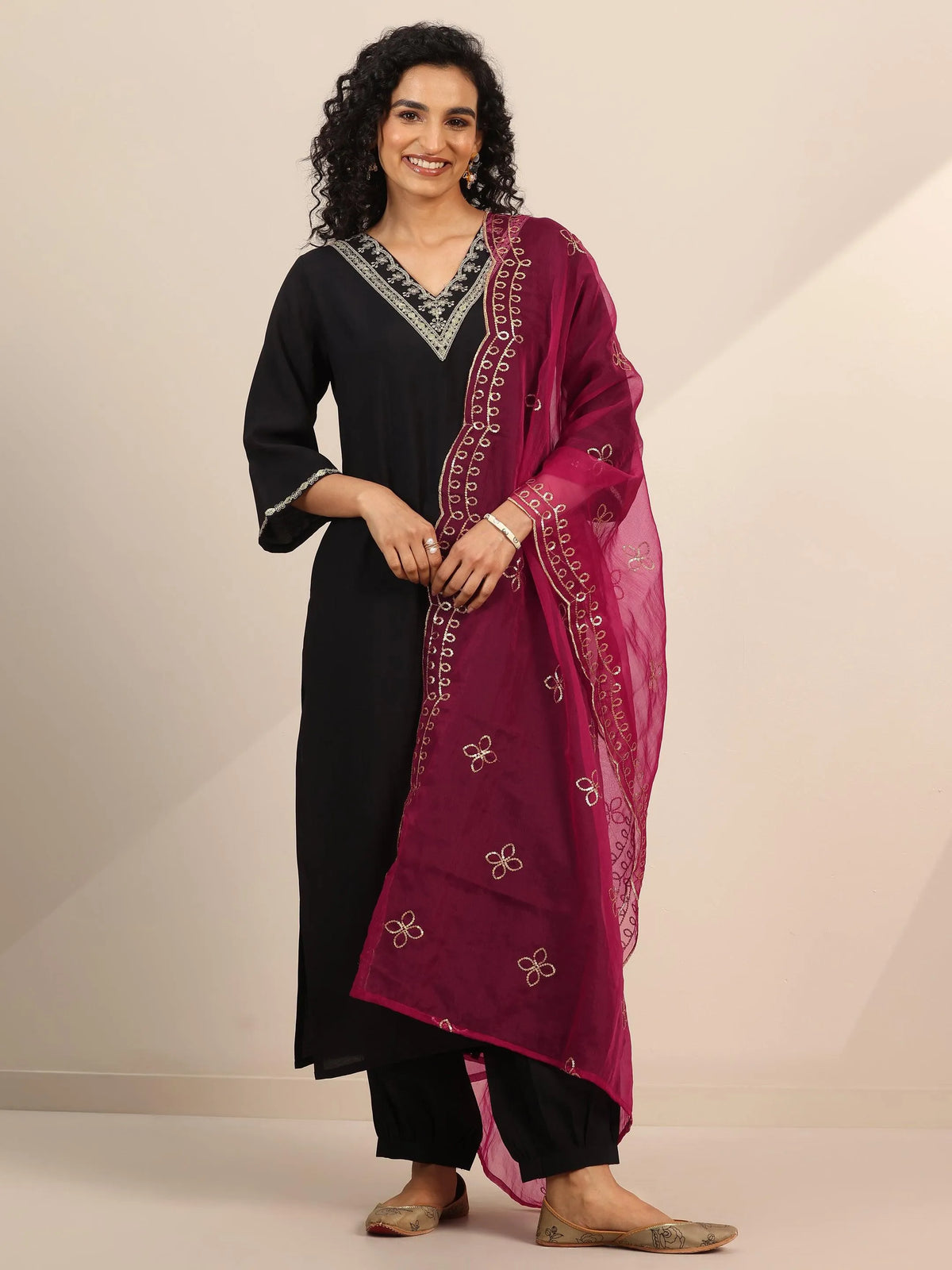 Anouk Black Yoke Design Silk Blend Straight Suit Set With Dupatta