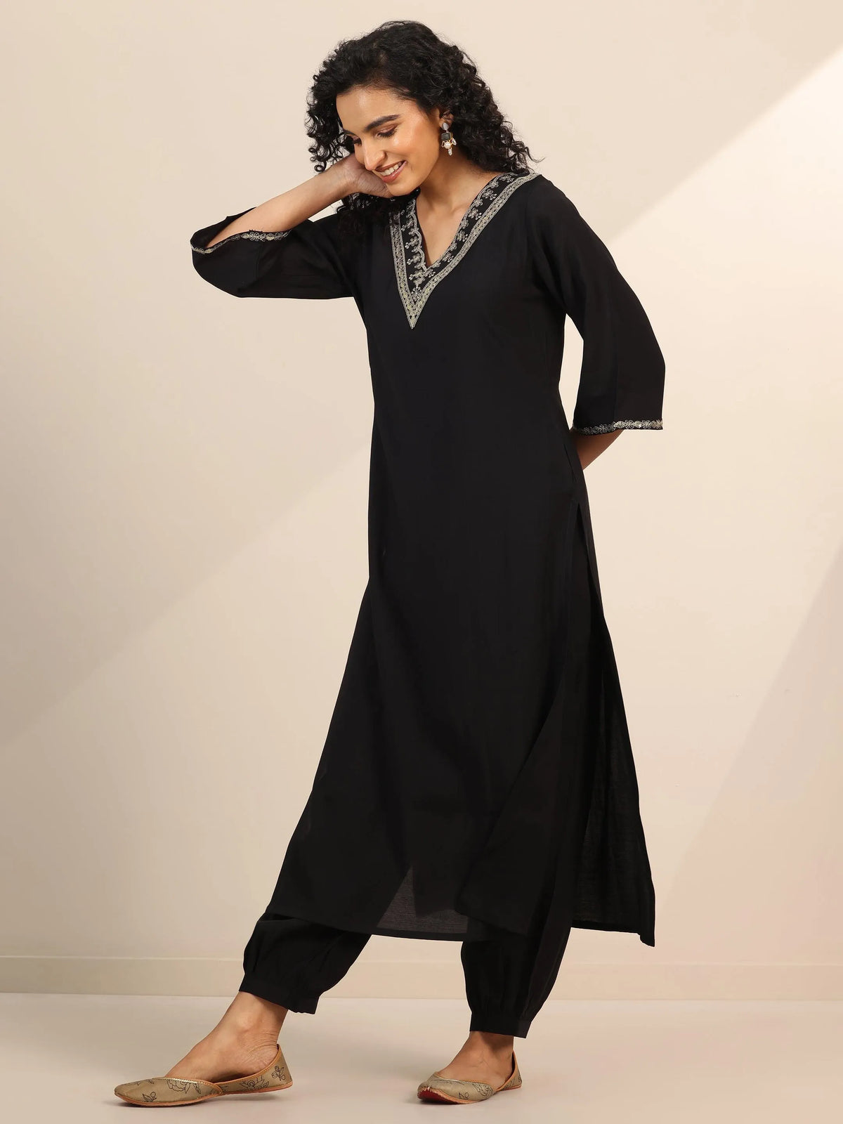 Anouk Black Yoke Design Silk Blend Straight Suit Set With Dupatta