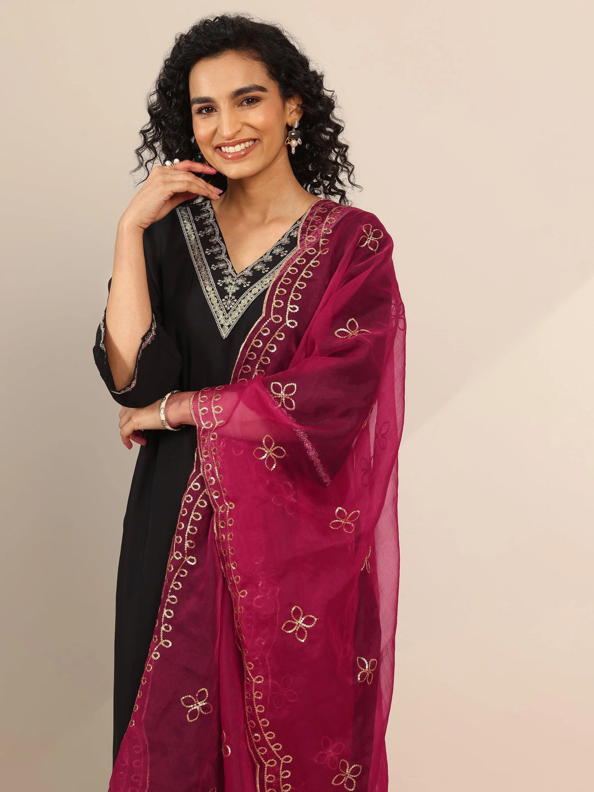 Anouk Black Yoke Design Silk Blend Straight Suit Set With Dupatta