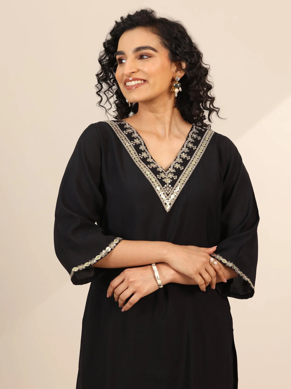Anouk Black Yoke Design Silk Blend Straight Suit Set With Dupatta