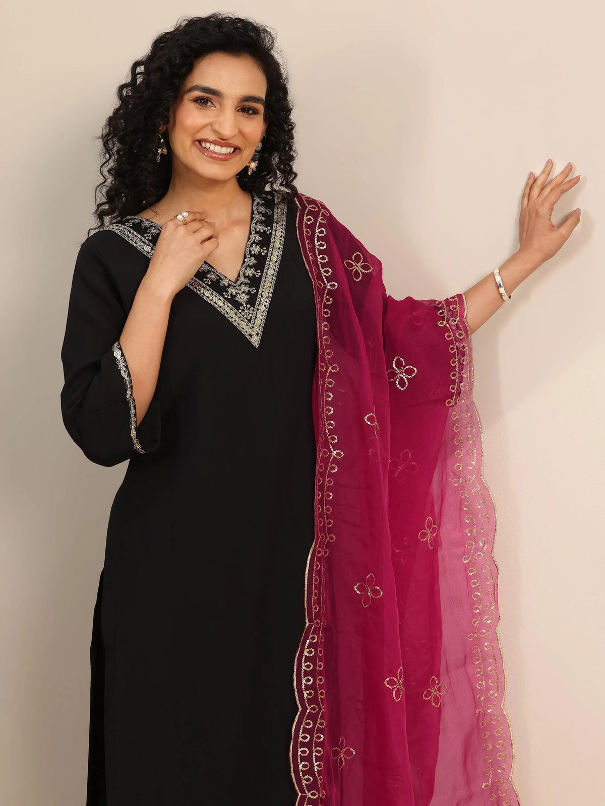 Anouk Black Yoke Design Silk Blend Straight Suit Set With Dupatta