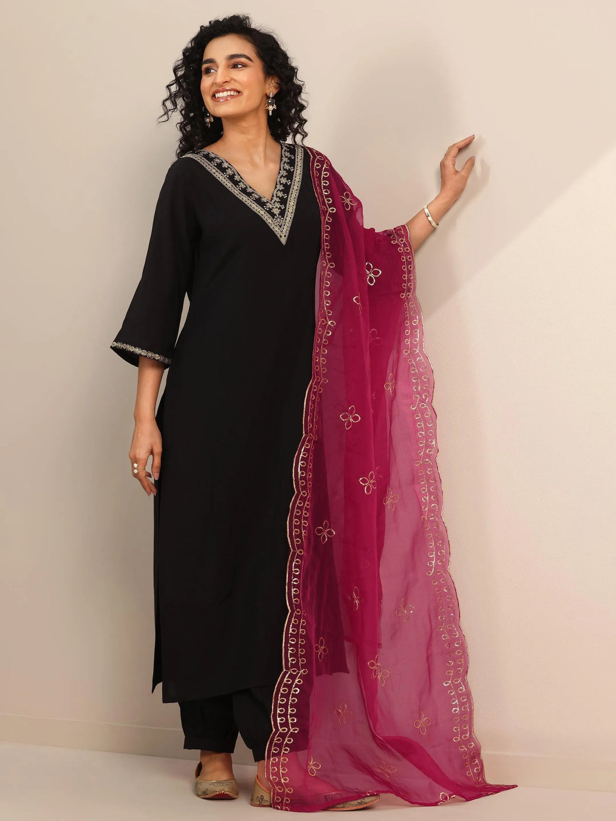 Anouk Black Yoke Design Silk Blend Straight Suit Set With Dupatta