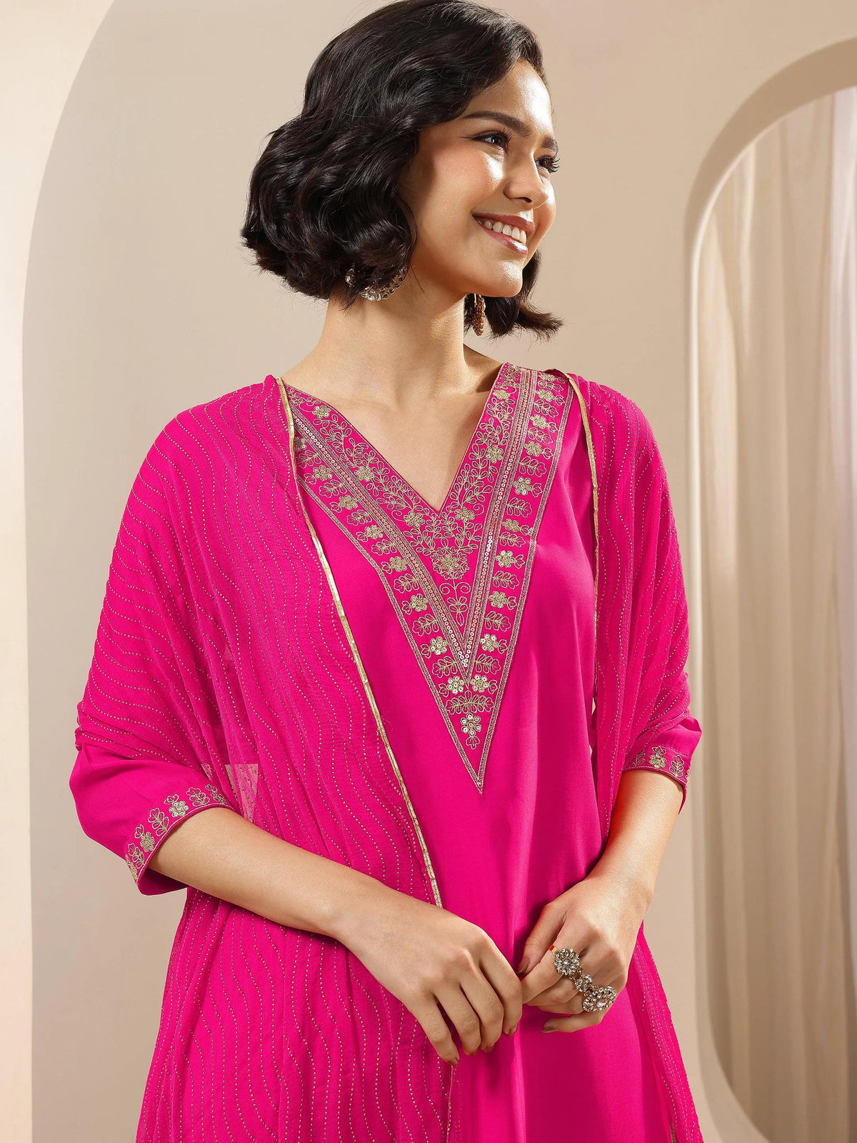 Anouk Pink Embroidered Silk Blend Straight Suit Sets With Dupatta