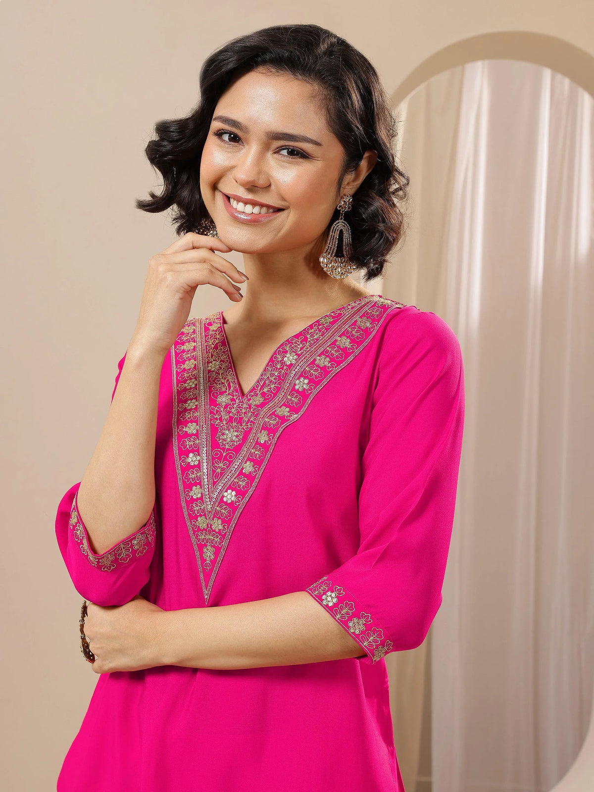 Anouk Pink Embroidered Silk Blend Straight Suit Sets With Dupatta
