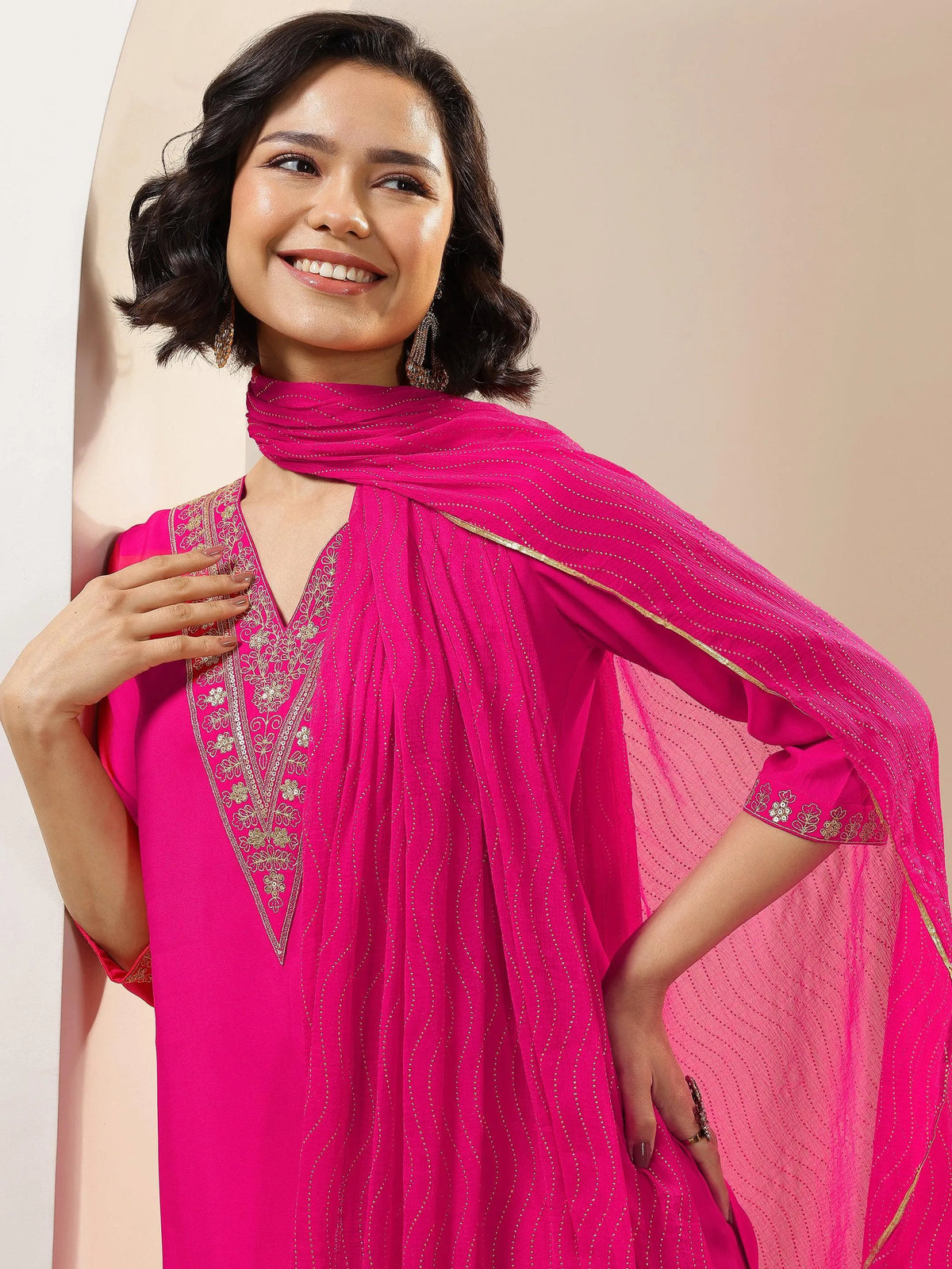 Anouk Pink Embroidered Silk Blend Straight Suit Sets With Dupatta