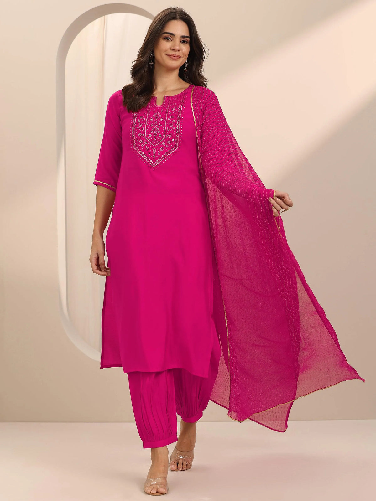 Anouk Pink Yoke Design Silk Blend Straight Suit Set With Dupatta