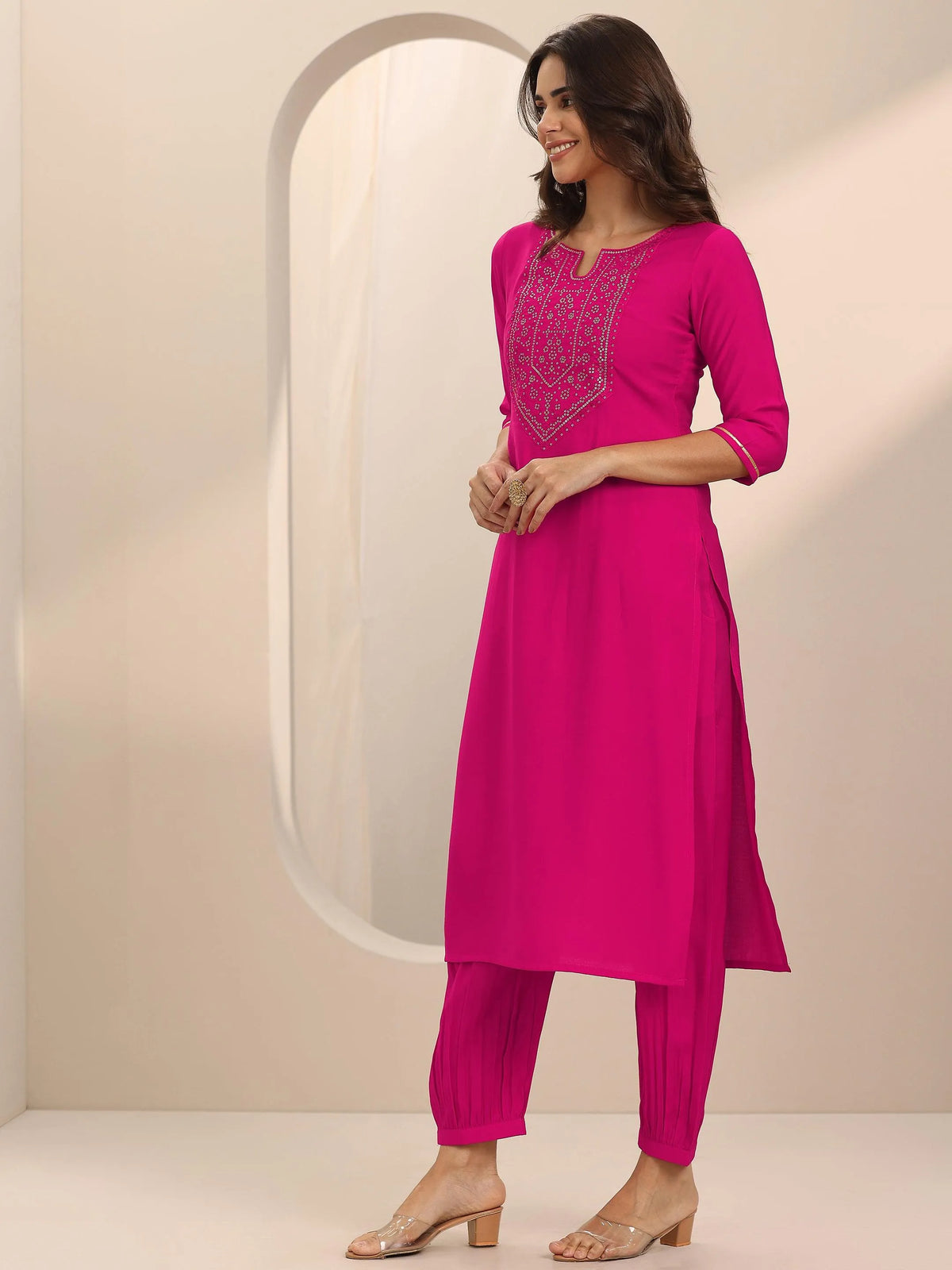 Anouk Pink Yoke Design Silk Blend Straight Suit Set With Dupatta