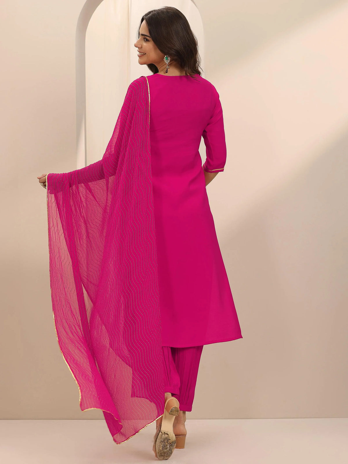 Anouk Pink Yoke Design Silk Blend Straight Suit Set With Dupatta