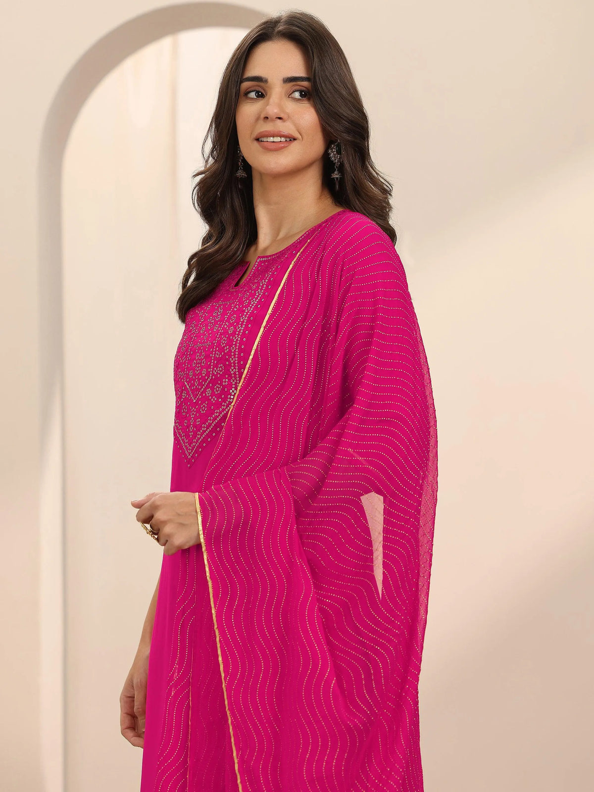 Anouk Pink Yoke Design Silk Blend Straight Suit Set With Dupatta