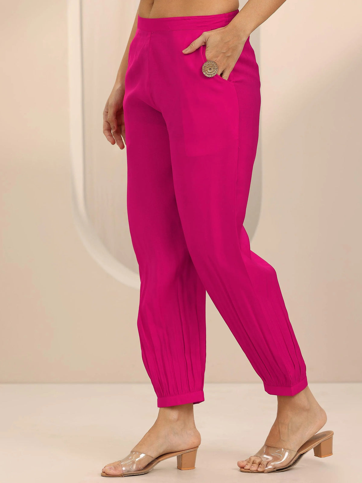 Anouk Pink Yoke Design Silk Blend Straight Suit Set With Dupatta