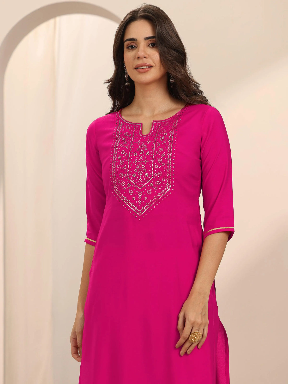 Anouk Pink Yoke Design Silk Blend Straight Suit Set With Dupatta