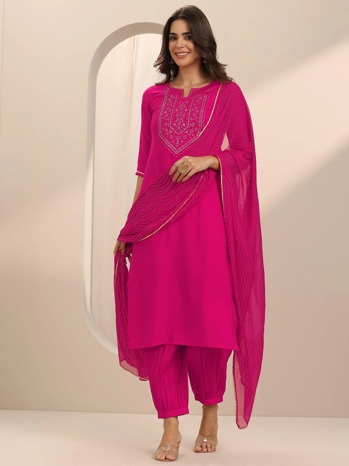 Anouk Pink Yoke Design Silk Blend Straight Suit Set With Dupatta
