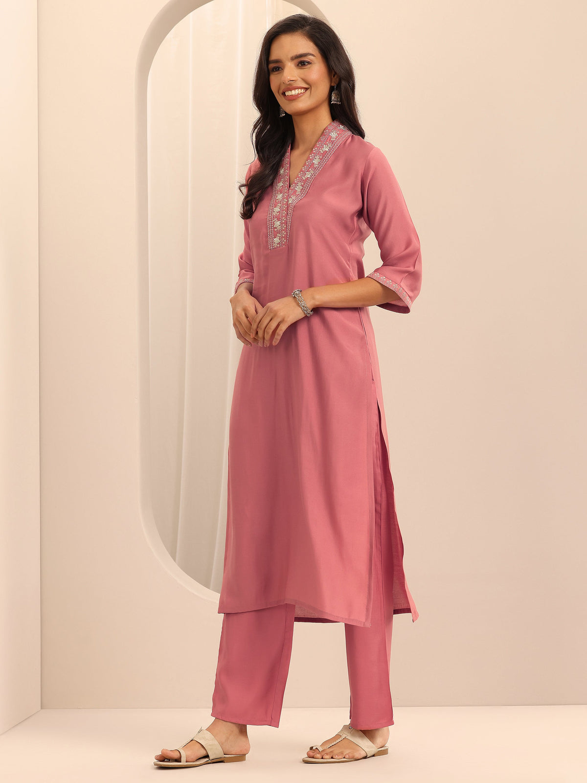Anouk Peach Embellished Silk Blend Straight Suit Set With Dupatta