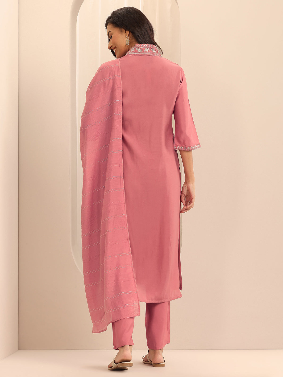 Anouk Peach Embellished Silk Blend Straight Suit Set With Dupatta