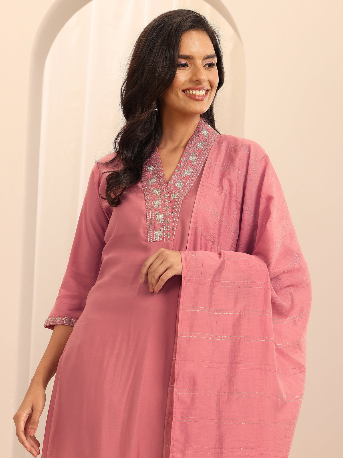Anouk Peach Embellished Silk Blend Straight Suit Set With Dupatta