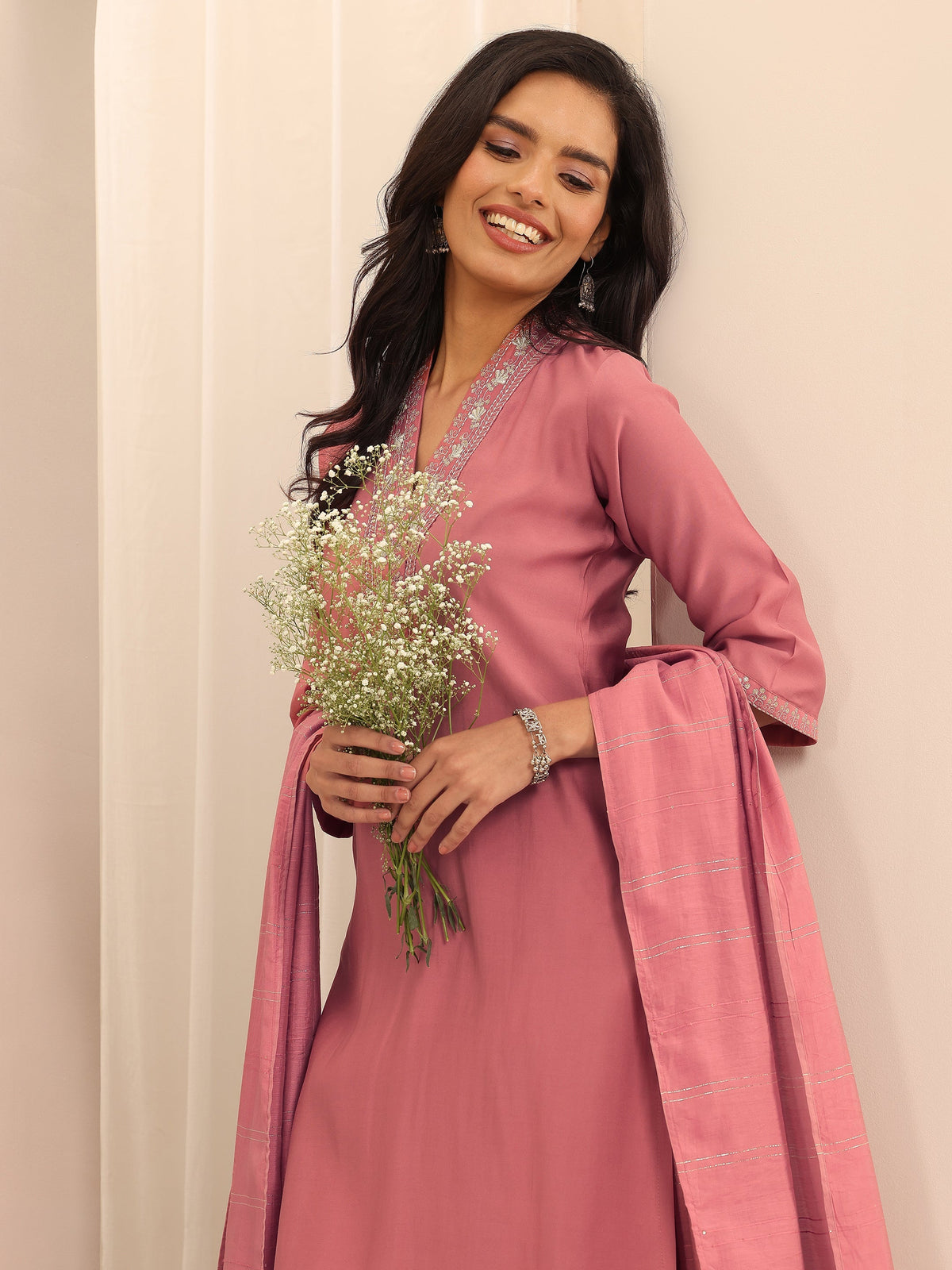 Anouk Peach Embellished Silk Blend Straight Suit Set With Dupatta