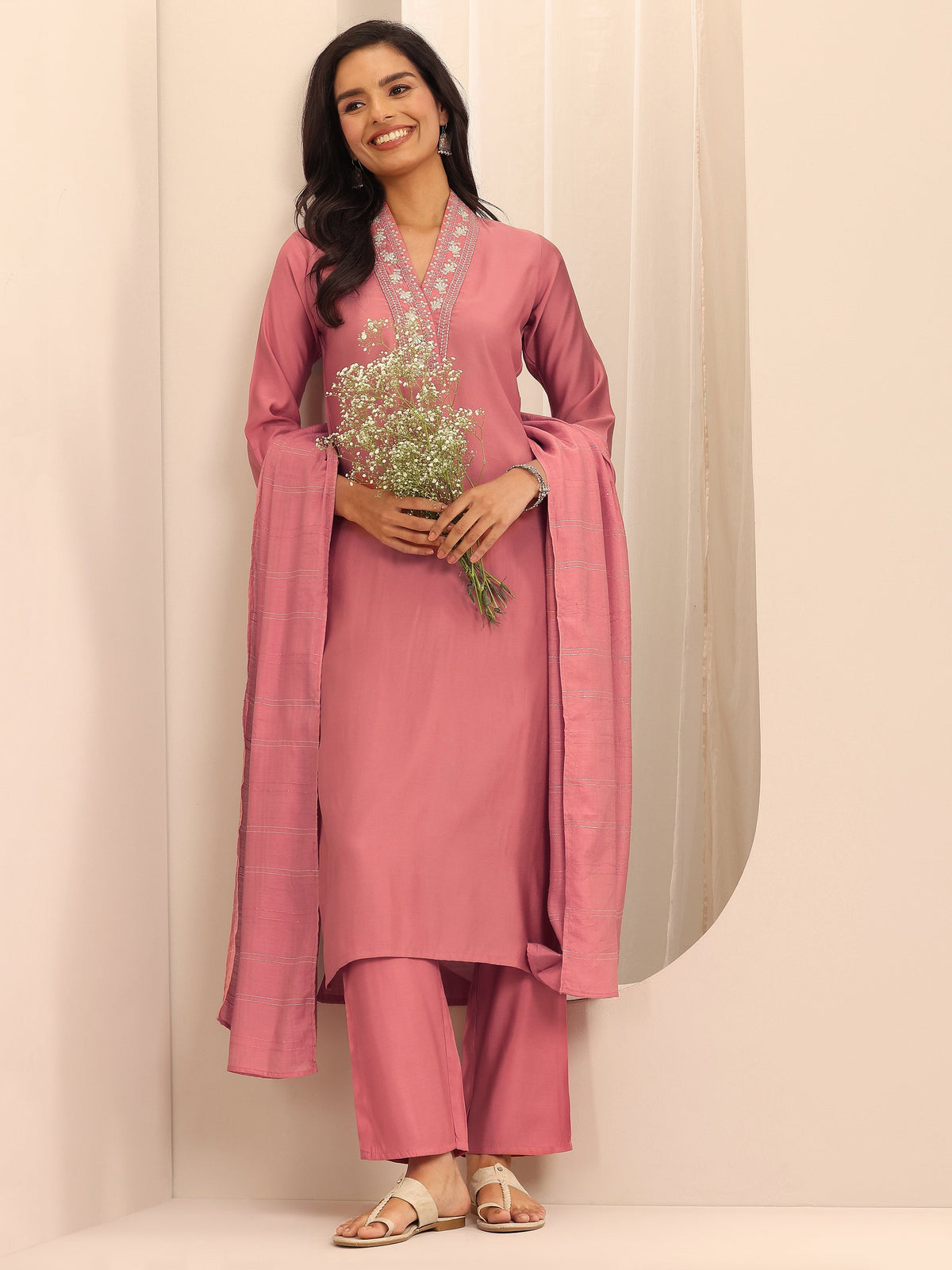Anouk Peach Embellished Silk Blend Straight Suit Set With Dupatta