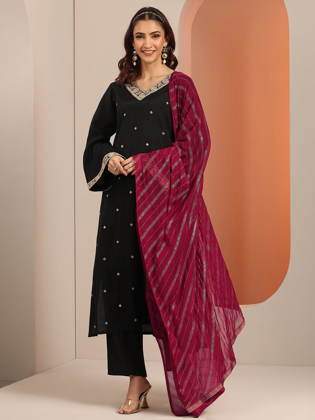 Anouk Black Embellished Silk Blend Straight Suit Set With Dupatta