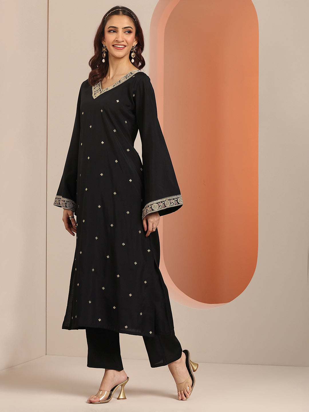 Anouk Black Embellished Silk Blend Straight Suit Set With Dupatta