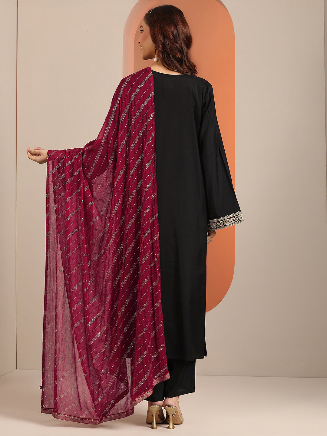 Anouk Black Embellished Silk Blend Straight Suit Set With Dupatta