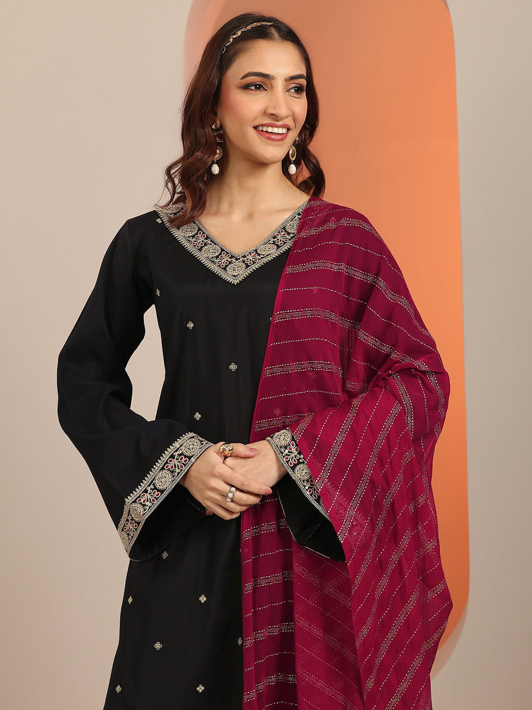 Anouk Black Embellished Silk Blend Straight Suit Set With Dupatta