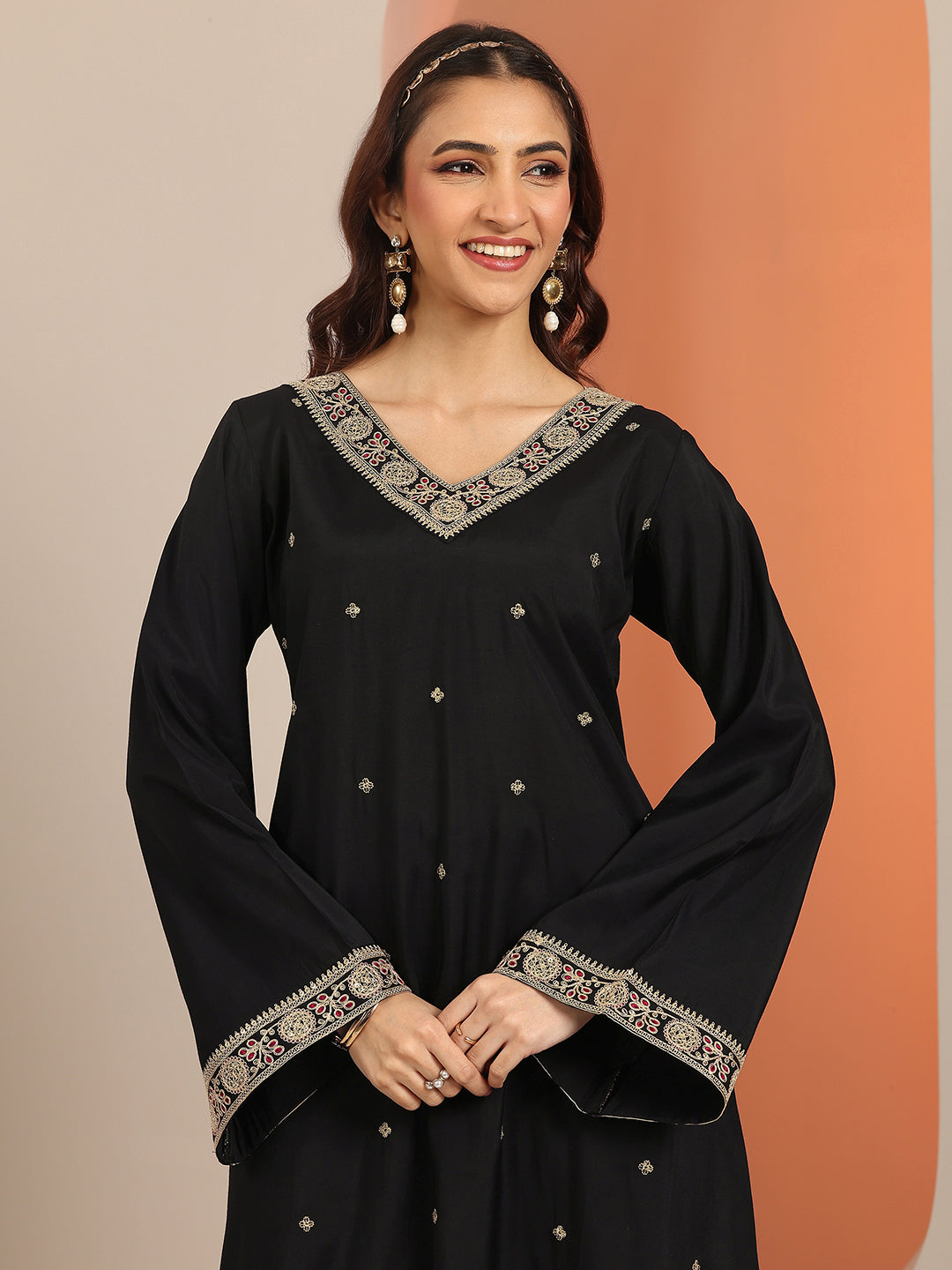 Anouk Black Embellished Silk Blend Straight Suit Set With Dupatta