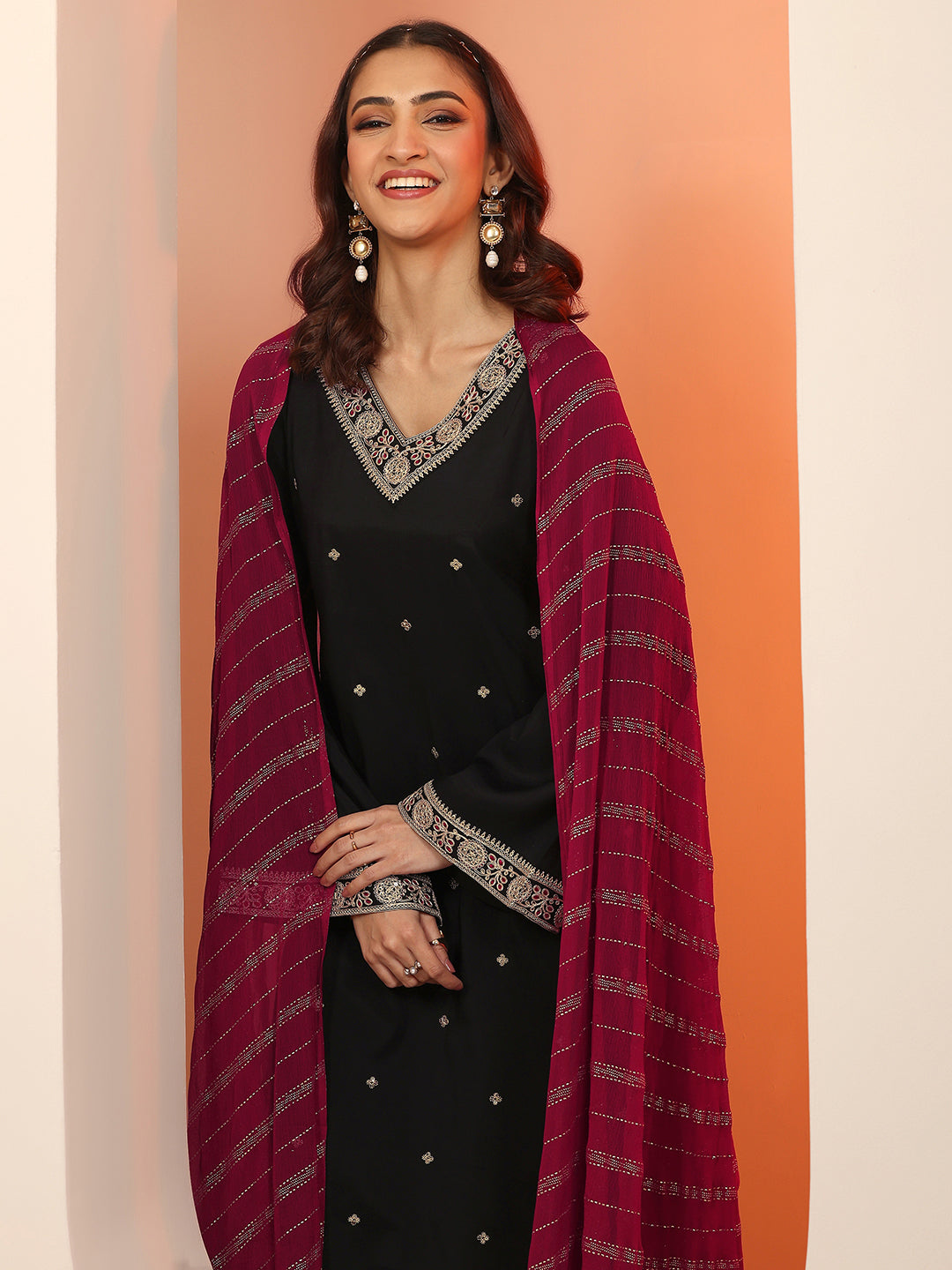 Anouk Black Embellished Silk Blend Straight Suit Set With Dupatta