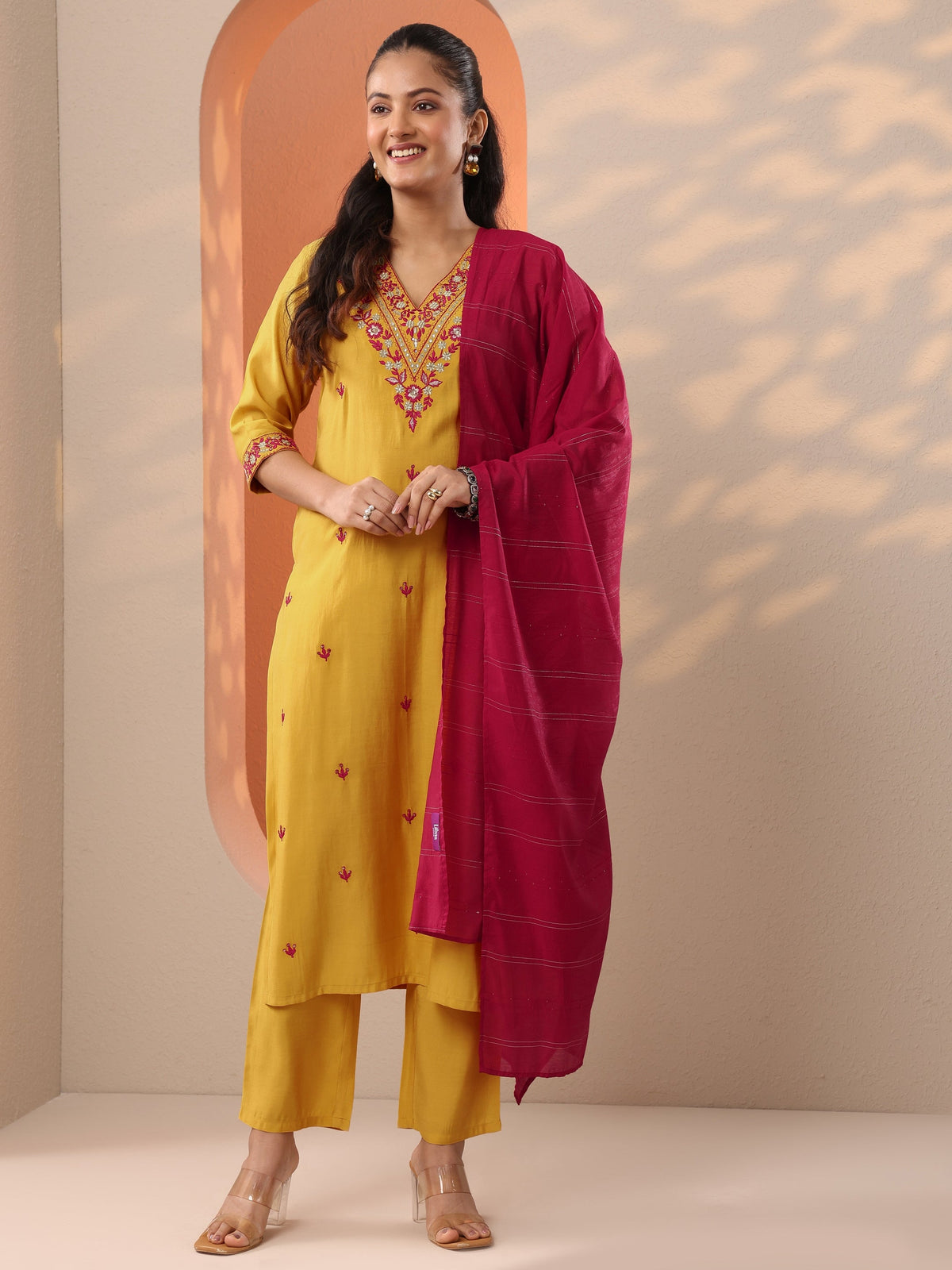 Anouk Yellow Embroidered Silk Blend Straight Suit Set With Dupatta