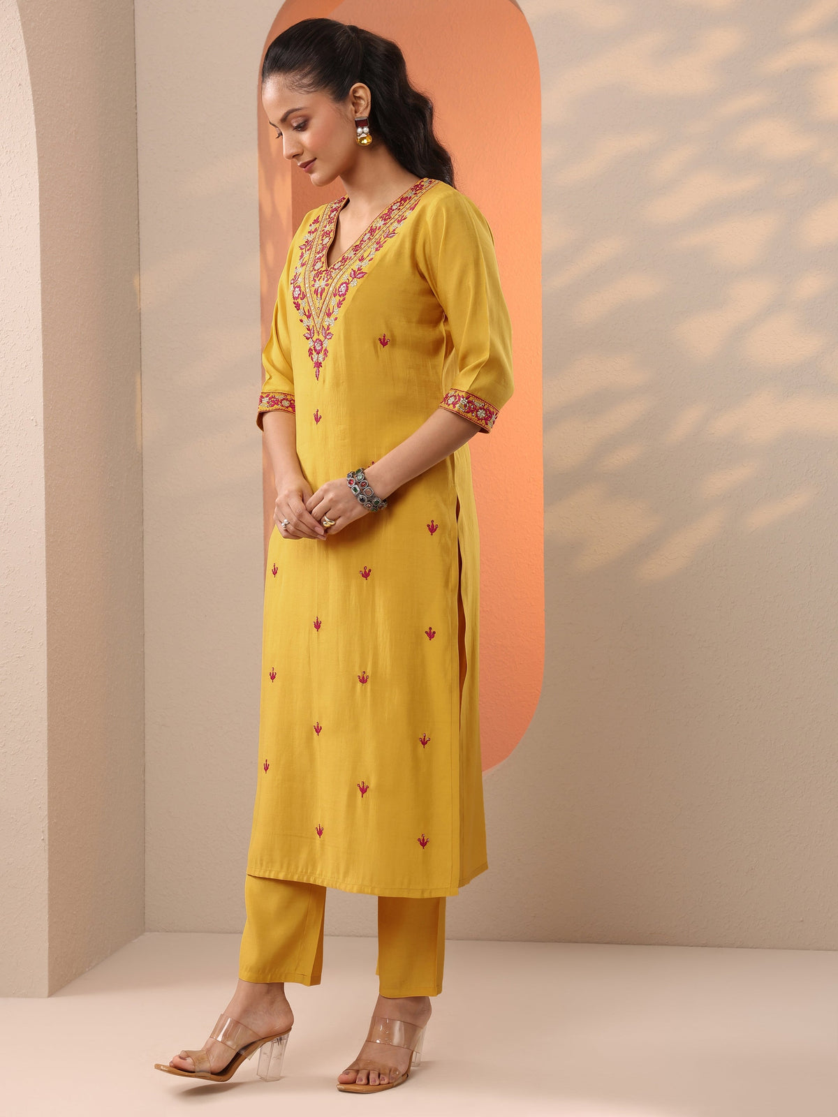 Anouk Yellow Embroidered Silk Blend Straight Suit Set With Dupatta