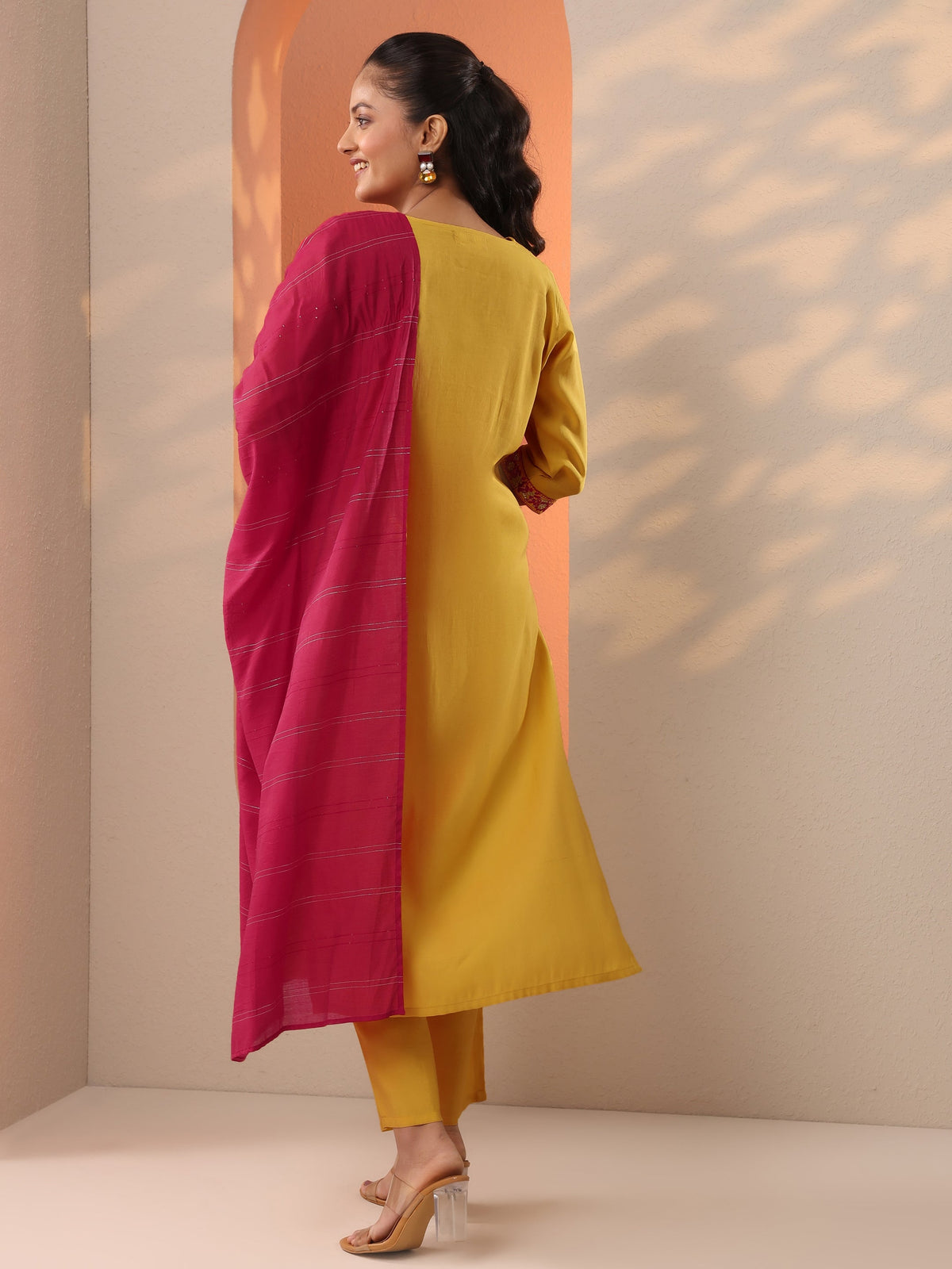 Anouk Yellow Embroidered Silk Blend Straight Suit Set With Dupatta