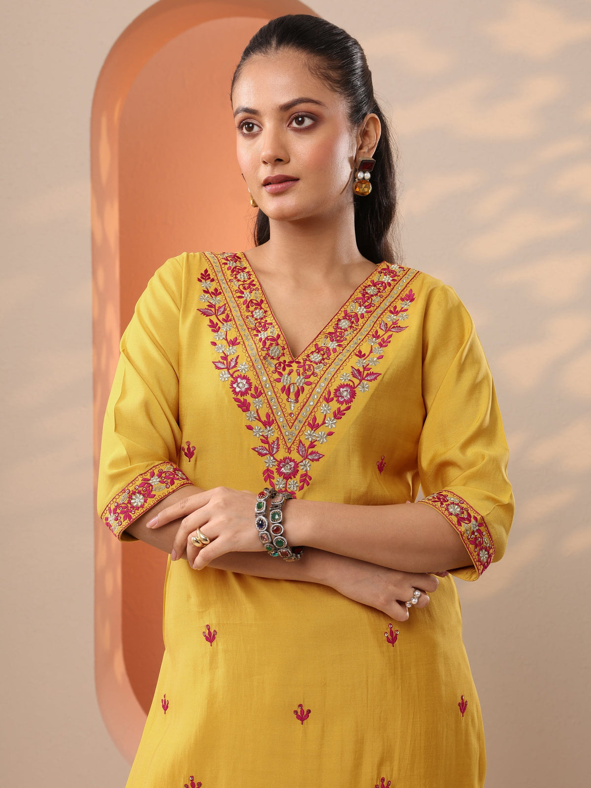 Anouk Yellow Embroidered Silk Blend Straight Suit Set With Dupatta