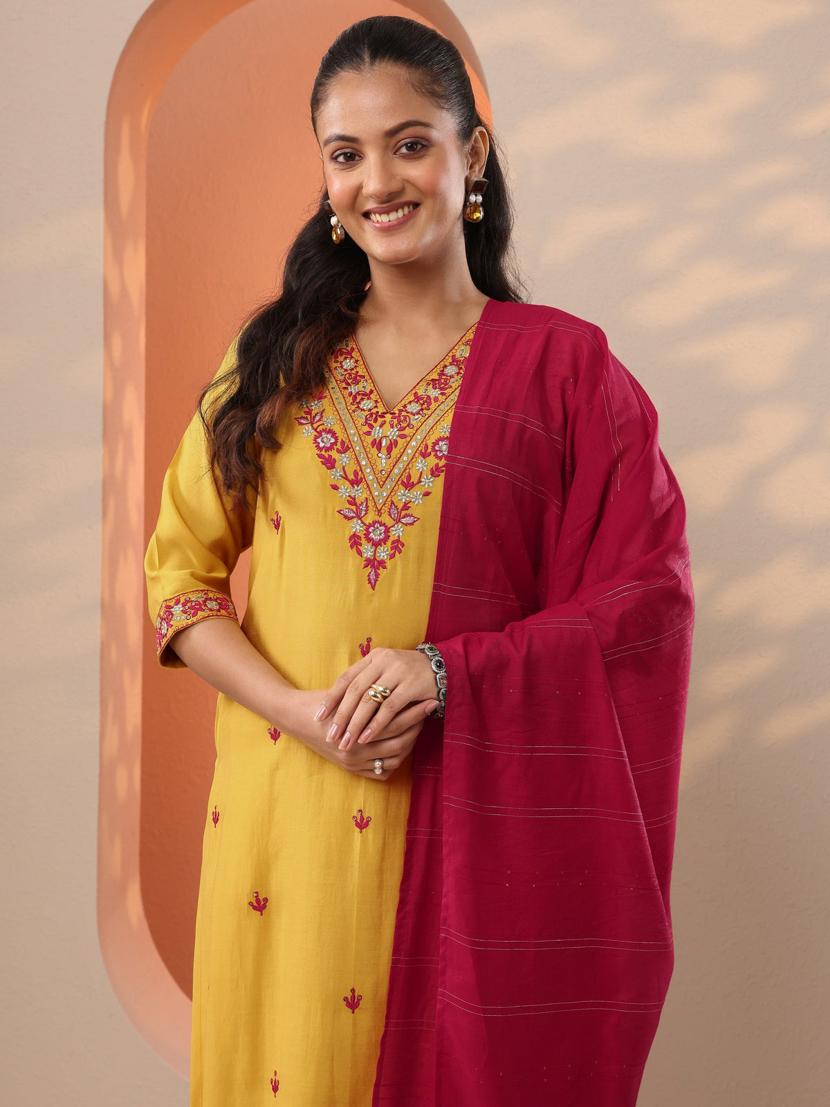 Anouk Yellow Embroidered Silk Blend Straight Suit Set With Dupatta