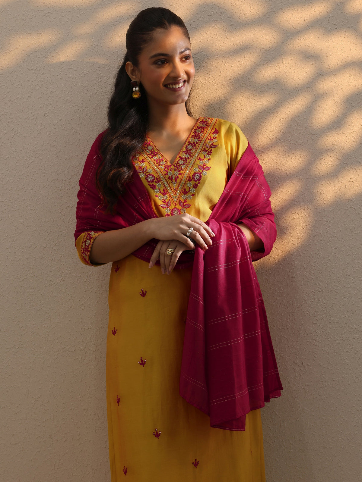 Anouk Yellow Embroidered Silk Blend Straight Suit Set With Dupatta