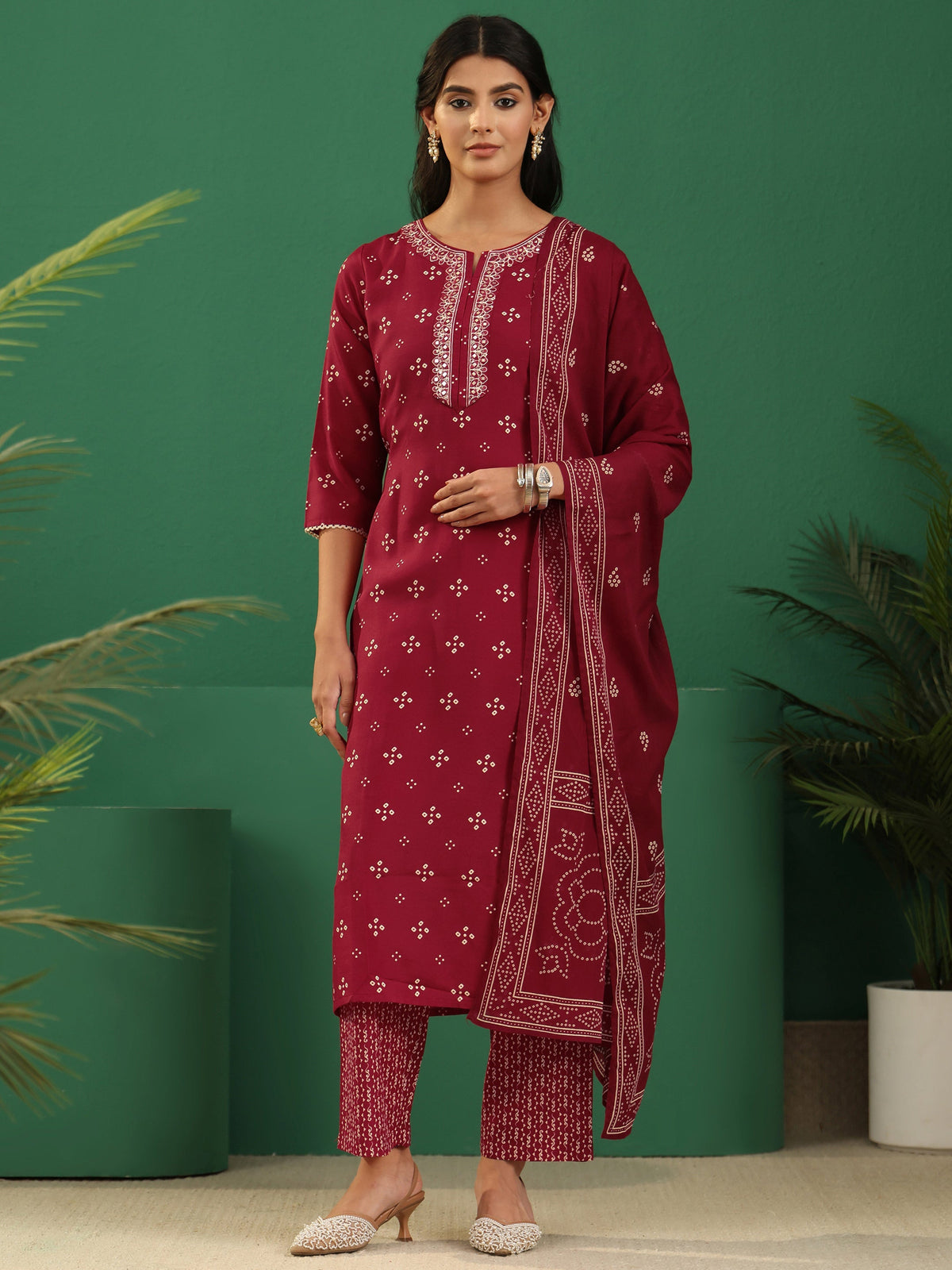 Anouk Crimson Red Bandhani Cotton Blend Straight Suit Set