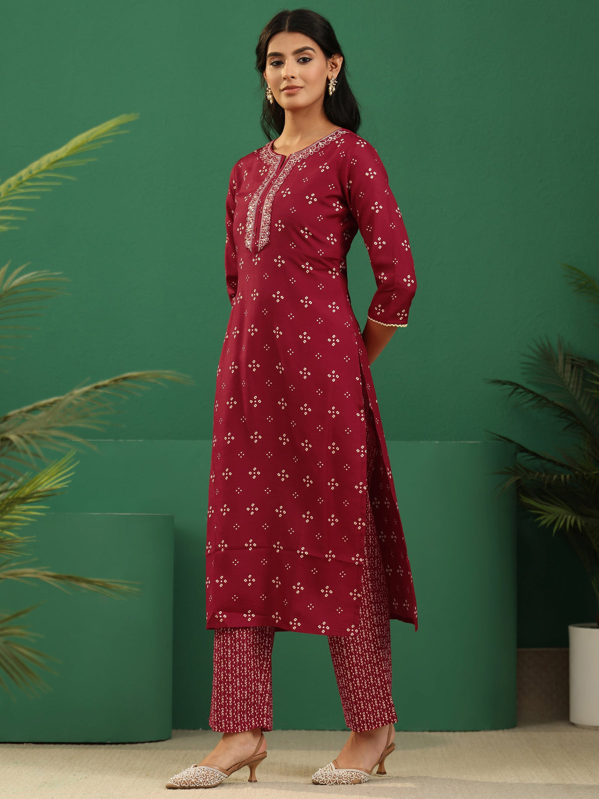 Anouk Crimson Red Bandhani Cotton Blend Straight Suit Set