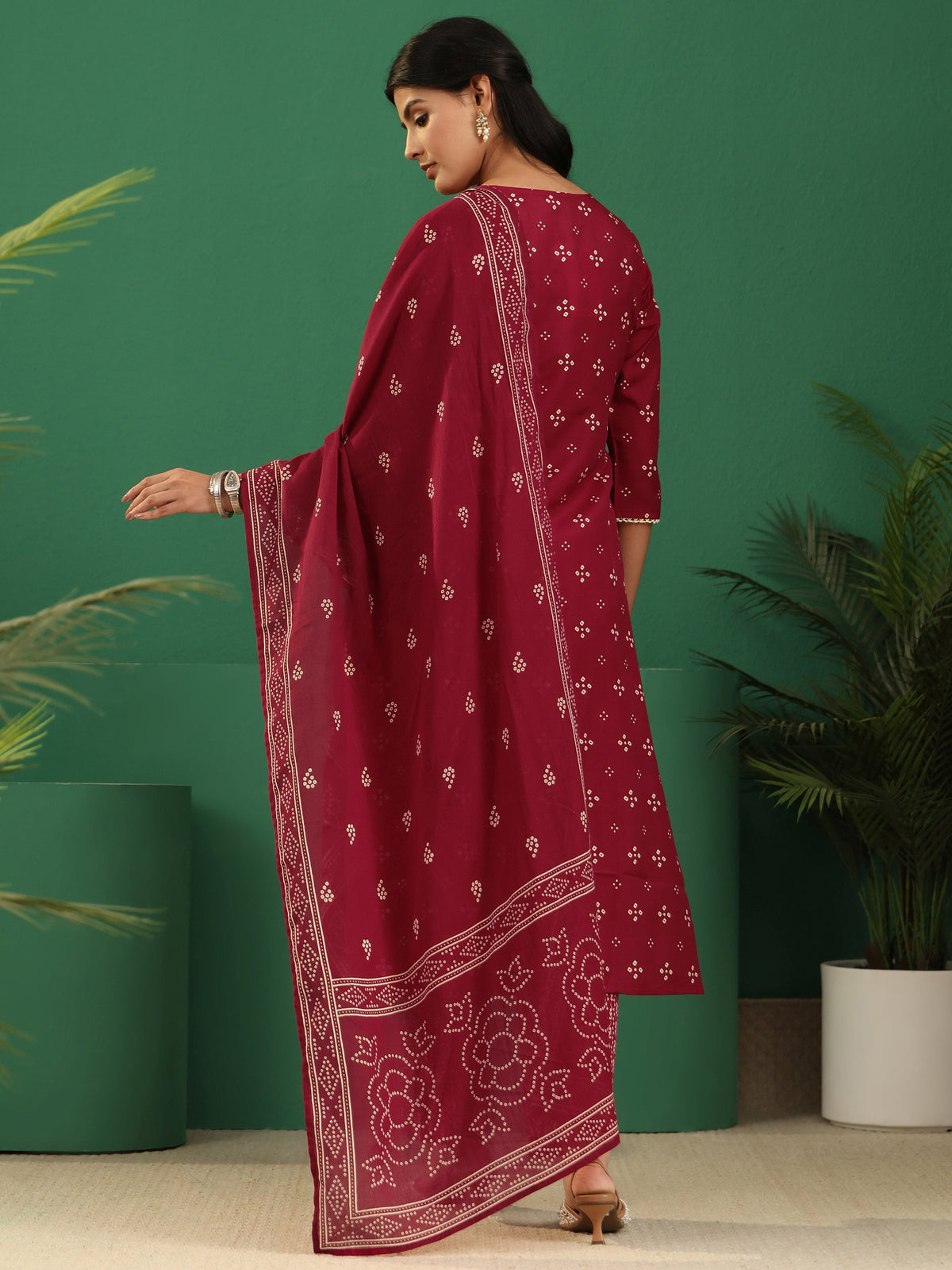 Anouk Crimson Red Bandhani Cotton Blend Straight Suit Set